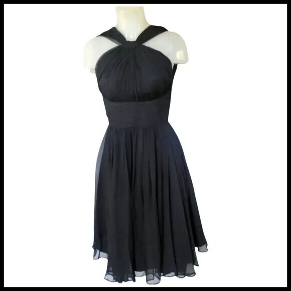 Vintage Black Formal Fit Flare Cocktail Dress, 50s New Look Chiffon Halter - Picture 2 of 15